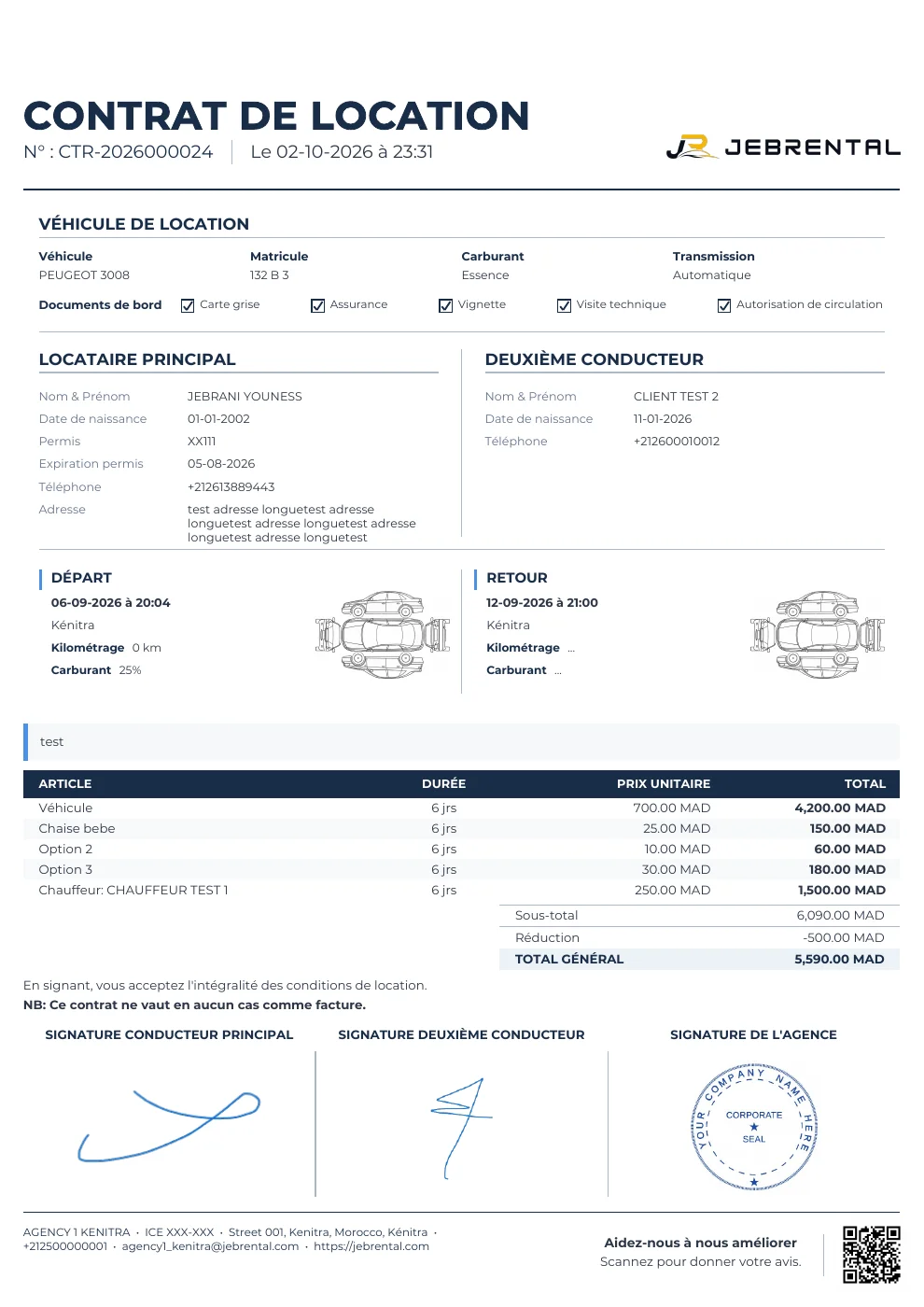 Contrat Jebrental généré en un clic : logo de l’agence, véhicule, clients, tarifs et signatures
