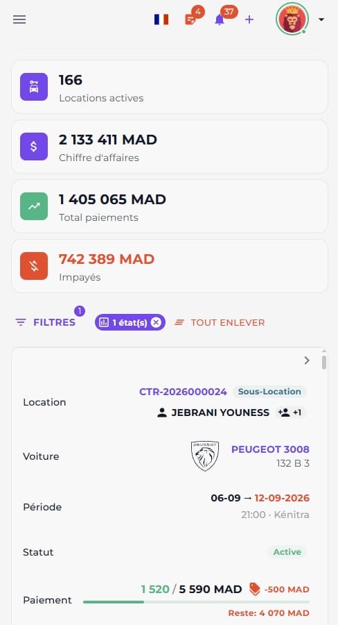 Jebrental sur téléphone : locations, revenus, paiements et impayés