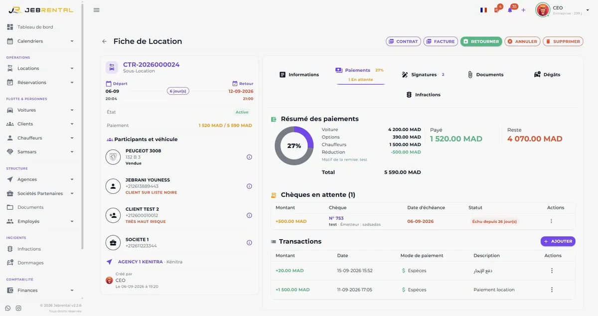 Jebrental on desktop: payments, outstanding amounts, documents and signatures on a rental record